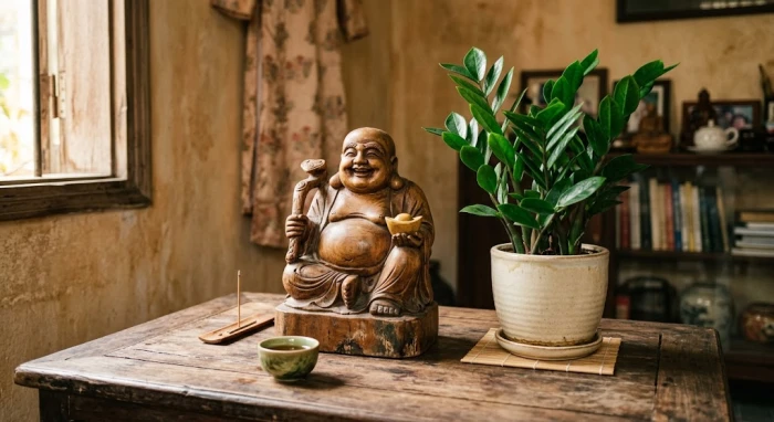 Tượng Phật Di Lặc bằng gỗ trắc đặt cạnh chậu cây kim tiền nhỏ trên bàn trà phòng khách