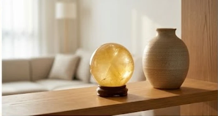Quả cầu thạch anh vàng và bình gốm sứ đặt trang trọng trên kệ gỗ trong phòng khách mang đậm nét Á Đông