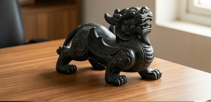 Tượng tỳ hưu đá đen đặt trên bàn làm việc giúp trung hòa năng lượng đối kháng hiệu quả