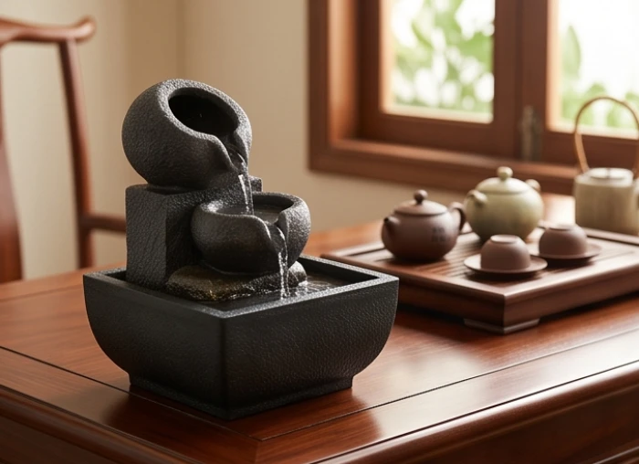 Thác nước phong thủy mini bằng đá tự nhiên đặt trên bàn làm việc gỗ hỗ trợ cân bằng trường khí