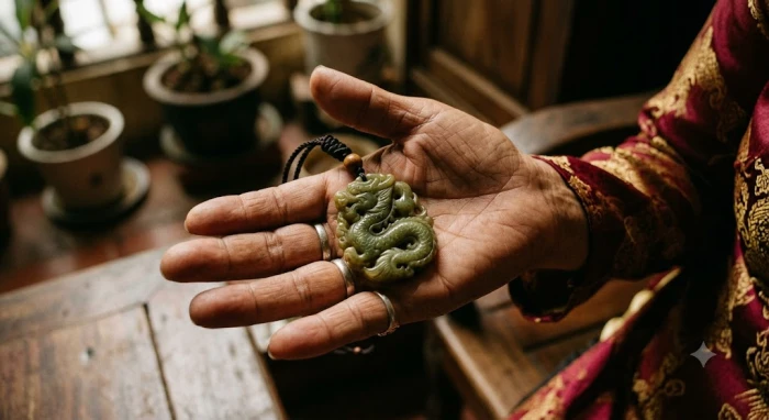 Mặt dây chuyền chạm khắc tinh xảo hình linh vật nằm trong nhóm tam hợp được đặt trên lòng bàn tay