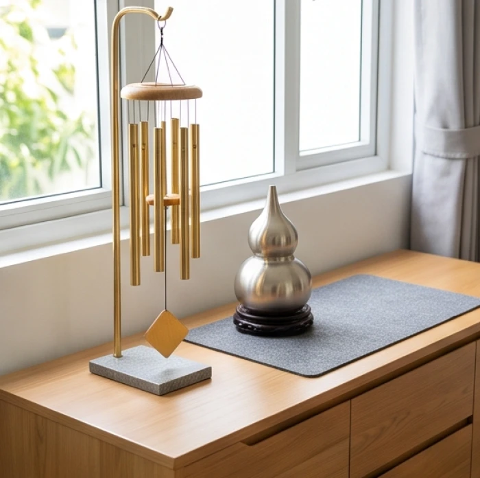 Các vật phẩm phong thủy như chuông gió đồng sáu ống và thảm chùi chân giúp hóa giải hướng nhà xấu cho gia chủ 1996