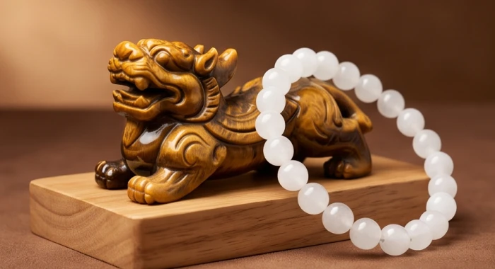 Tỳ hưu đá mắt hổ vàng nâu và vòng thạch anh trắng giúp kích hoạt năng lượng tương sinh cho mệnh Kim