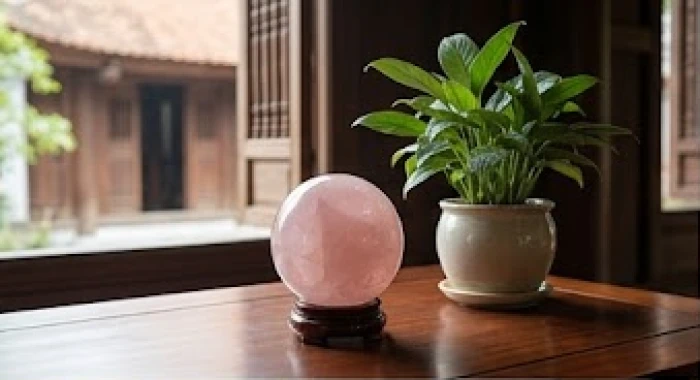 Quả cầu thạch anh hồng và cây tài lộc xanh lá được bài trí gọn gàng tại không gian làm việc của người mệnh Hỏa