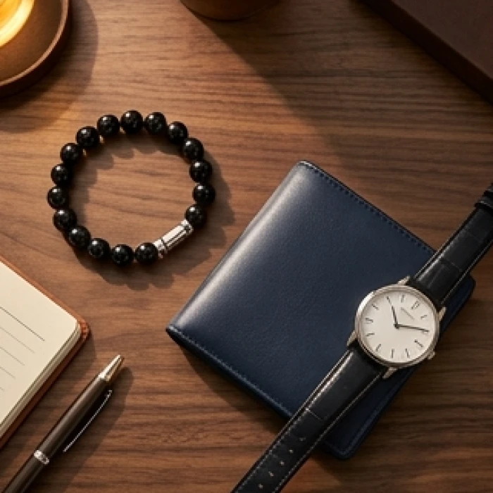 Vòng tay đá đen Obsidian kèm ví da xanh lam sậm trên bàn làm việc hỗ trợ năng lượng cho nam mạng canh tý 1960