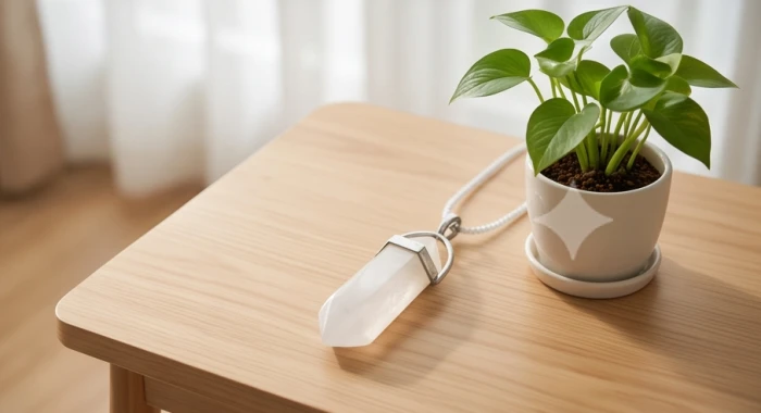 Mặt dây chuyền thạch anh trắng và chậu cây kim tiền nhỏ đặt trên bàn làm việc gọn gàng