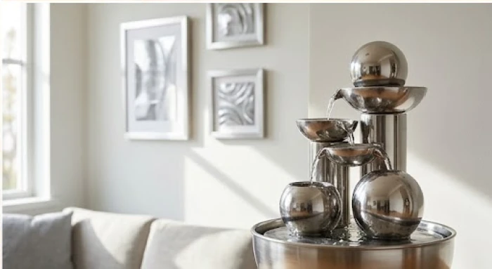 Đài phun nước mini bằng kim loại cùng tranh khung viền bạc bày trí tinh tế tại phòng khách giúp cân bằng năng lượng