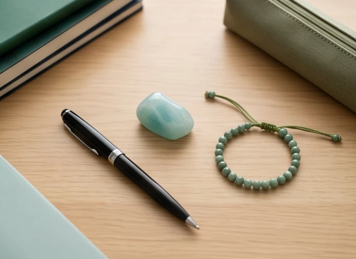 Vòng tay gỗ trầm sương cùng bút viết vỏ đen và viên đá aquamarine nhỏ đặt cạnh hộp bút chuẩn bị cho kỳ thi