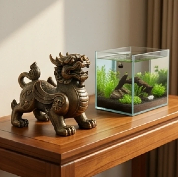 Bộ sưu tập vật phẩm cầu nối ngũ hành gồm tỳ hưu đồng và bể cá nhỏ hỗ trợ hóa giải tương khắc cho tam hợp tuổi thìn