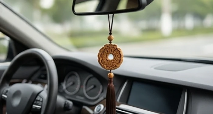 Khánh treo phong thủy bằng gỗ tùng bách và tượng nhỏ trang trí tinh tế trên khu vực taplo xe ô tô