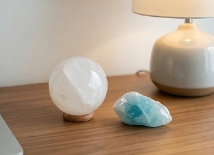 Quả cầu thạch anh trắng và đá aquamarine đặt trên bàn làm việc mang lại vượng khí cho tuổi Ất Mão 1975