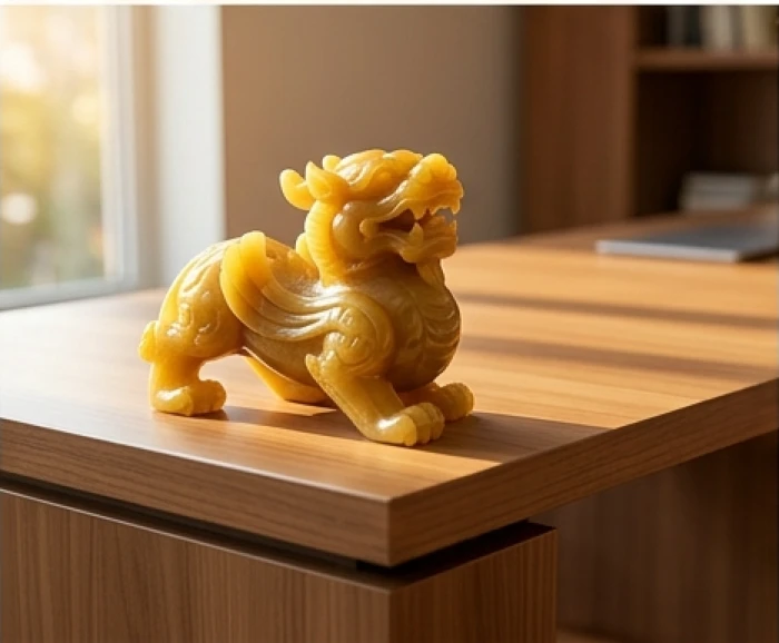 Tượng Tỳ Hưu đá ngọc hoàng long màu vàng đặt tại góc trái bàn làm việc hỗ trợ tài lộc cho tuổi Bính Thìn