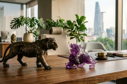 Bộ sưu tập vật phẩm phong thủy tuổi dần gồm tượng hổ đồng và tỳ hưu thạch anh đặt trên bàn làm việc