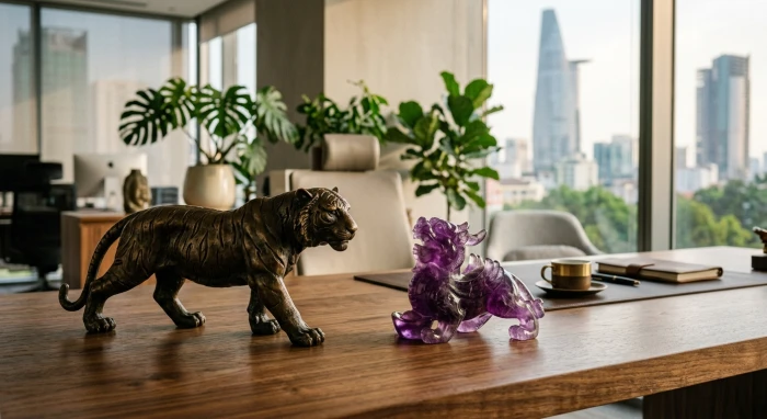 Bộ sưu tập vật phẩm phong thủy tuổi dần gồm tượng hổ đồng và tỳ hưu thạch anh đặt trên bàn làm việc