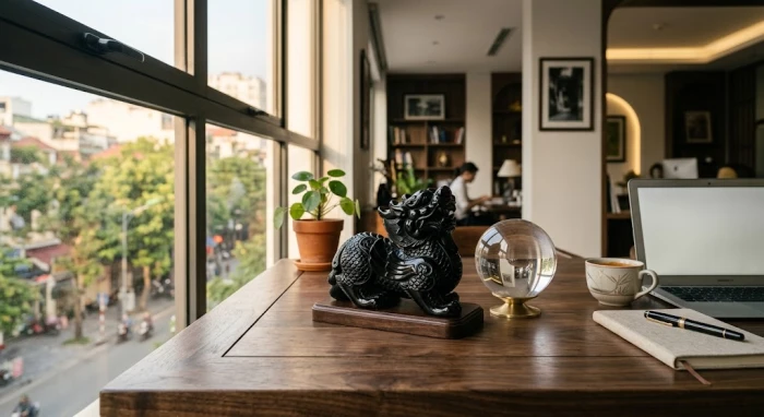 Bộ sưu tập vật phẩm phong thủy tuổi hợi bao gồm tượng Tỳ Hưu và quả cầu thạch anh trên bàn làm việc giám đốc