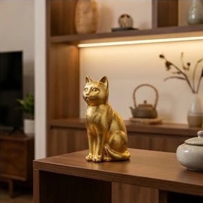 Tượng mèo mạ vàng tinh xảo được trưng bày trang trọng trên kệ phòng khách để hóa giải sự xung khắc giữa tuổi tỵ và hợi