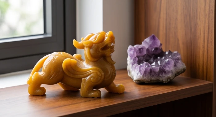Tượng Tỳ Hưu bằng ngọc tự nhiên màu vàng sậm và khối thạch anh tím hợp tuổi Kỷ Dậu mệnh Thổ