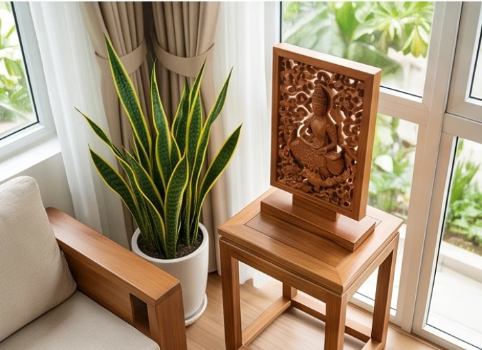 Bài trí cây cảnh hành Mộc và tượng gỗ tự nhiên tại góc Sinh Khí hóa giải xung khắc