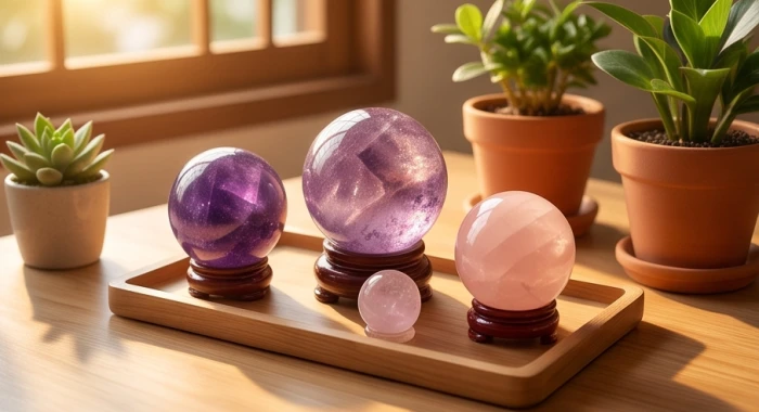 Quả cầu thạch anh tím và thạch anh hồng đặt trên bàn làm việc giúp cân bằng năng lượng