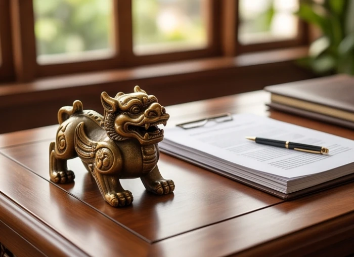 Trang trí tượng Tỳ Hưu bằng đồng trên bàn làm việc nhằm thu hút sinh khí và giảm trừ xung khắc kinh doanh