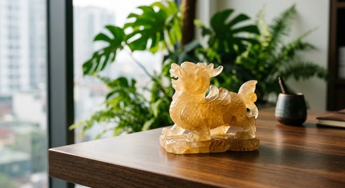 Tượng Tỳ Hưu bằng đá thạch anh tự nhiên đặt trên bàn làm việc làm vật phẩm phong thủy tuổi ngọ mang lại may mắn