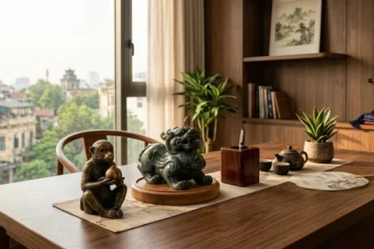 Không gian bài trí vật phẩm phong thủy tuổi thân tinh tế trên bàn làm việc giúp thu hút tài lộc