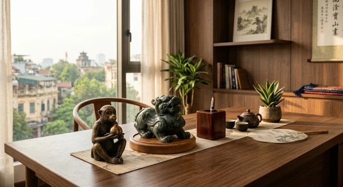 Không gian bài trí vật phẩm phong thủy tuổi thân tinh tế trên bàn làm việc giúp thu hút tài lộc