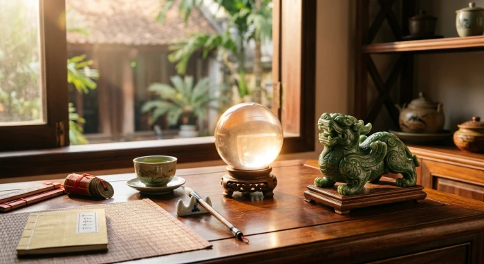 Bộ sưu tập các vật phẩm phong thủy tuổi thìn gồm quả cầu thạch anh và tượng tỳ hưu ngọc bích đặt trên bàn gỗ