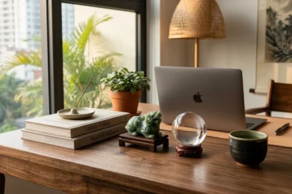Các loại vật phẩm phong thủy tuổi tuất như Tỳ Hưu và quả cầu thạch anh được bài trí hài hòa trên bàn làm việc