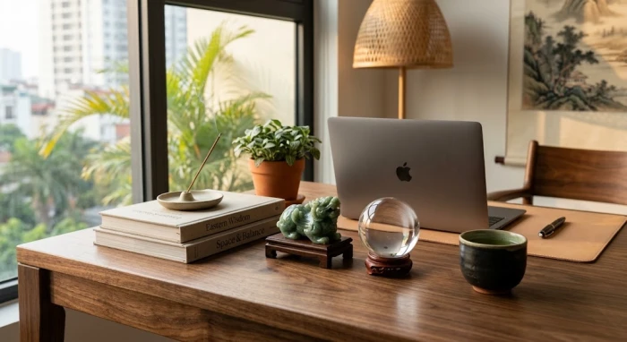 Các loại vật phẩm phong thủy tuổi tuất như Tỳ Hưu và quả cầu thạch anh được bài trí hài hòa trên bàn làm việc