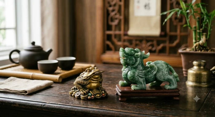 Tượng thiềm thừ và các vật phẩm phong thủy tuổi tỵ được bài trí tinh tế trên bàn làm việc bằng gỗ