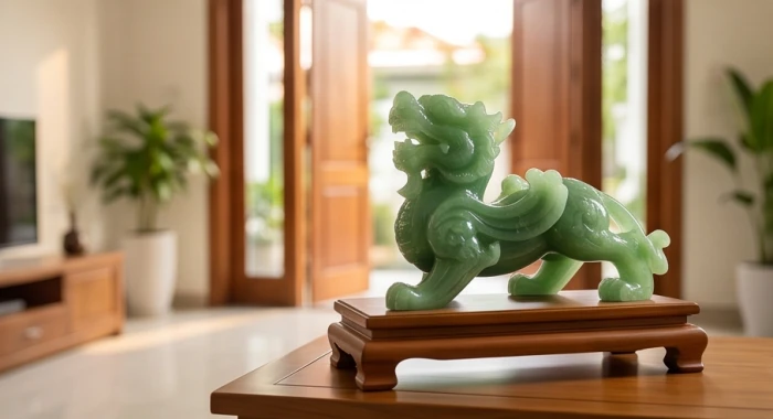 Tượng Tỳ Hưu bằng đá ngọc xanh tự nhiên đặt trên đôn gỗ phòng khách quay miệng ra hướng cửa chính để thu hút cát khí