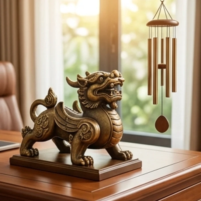 Tượng tỳ hưu bằng đồng đặt trên bàn làm việc cạnh chuông gió kim loại sáu ống bên cửa sổ