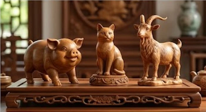Bộ tượng gỗ điêu khắc ba con giáp lợn mèo và dê đặt trang trọng trên bàn trà phong thủy
