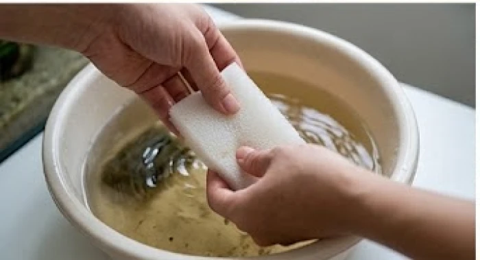 Miếng bông lọc bể cá được giặt nhẹ nhàng trong chậu chứa lượng nước cũ vừa rút ra từ bể.