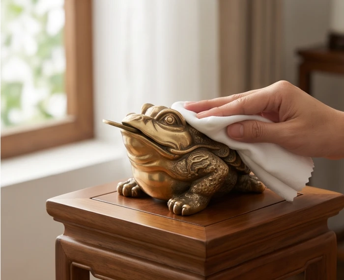 Thao tác dùng khăn mềm thấm nước lọc lau nhẹ bụi bẩn trên tượng cóc thiềm thừ phong thủy đặt tại phòng khách