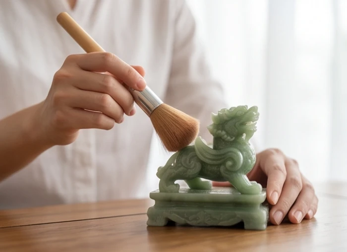 Bàn tay gia chủ đang cẩn thận dùng chổi lông mềm quét sạch lớp bụi mỏng bám trên bề mặt linh thú chiêu tài
