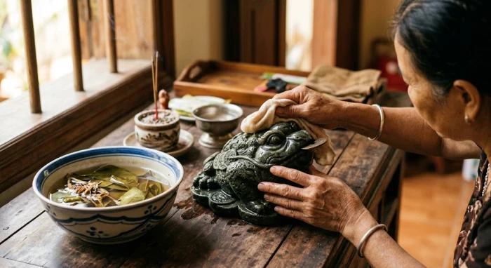 Khăn sạch thấm nước lá bưởi được dùng để lau cọ cẩn thận bề mặt tượng cóc ba chân trên bàn