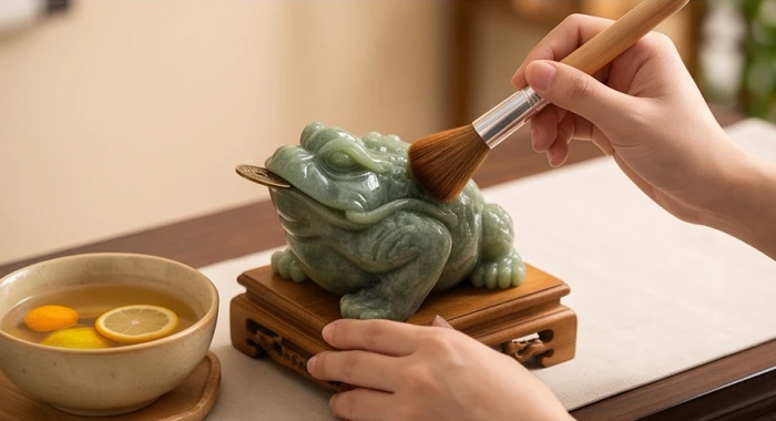 Dùng chổi lông mềm chuyên dụng quét nhẹ nhàng lớp bụi bẩn trên lưng và nốt sần tượng cóc ngậm tiền