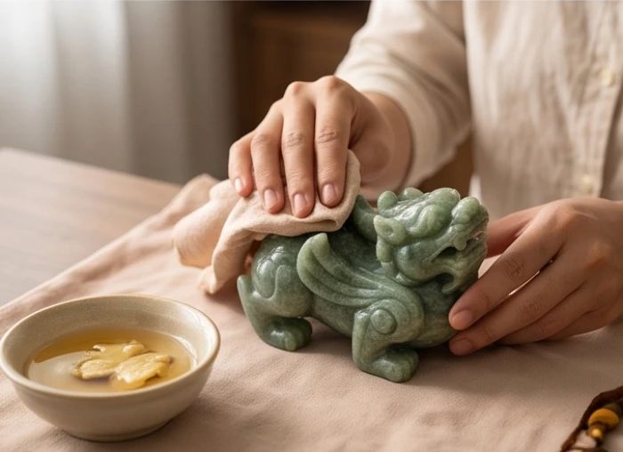 Bàn tay dùng khăn lụa mềm tẩm dung dịch rượu gừng ấm lau sạch phần thân và đuôi của tượng tỳ hưu phong thủy