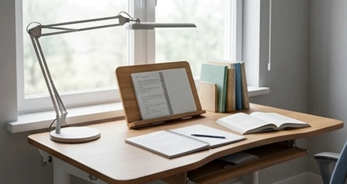 Bàn học bằng gỗ đặt cạnh cửa sổ đón ánh sáng từ bên trái kết hợp đèn LED chống cận thị chuẩn lux