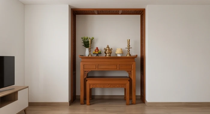 Góc thờ cúng yên tĩnh dựa tường vững chắc tại phòng khách căn hộ chung cư hiện đại
