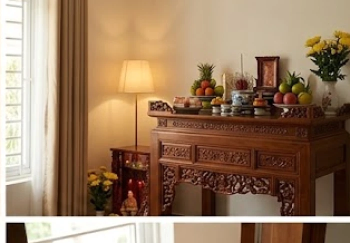 Tủ thờ gỗ trang nghiêm đặt vững chắc tại khu vực tĩnh lặng với khoảng không phía trên trần nhà thoáng đãng
