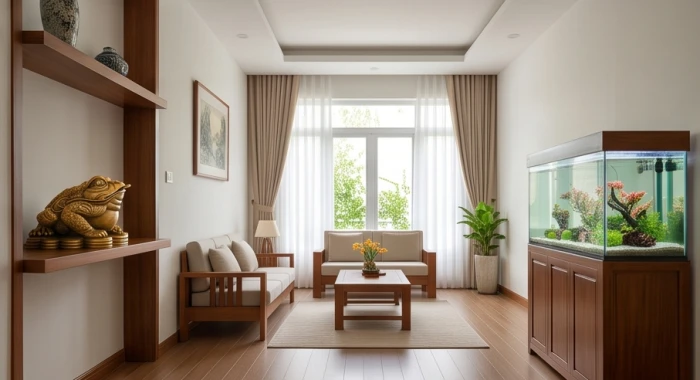 Không gian phòng khách được bố trí chuẩn xác với tượng thiềm thừ đặt xa gương soi và bể cá phong thủy