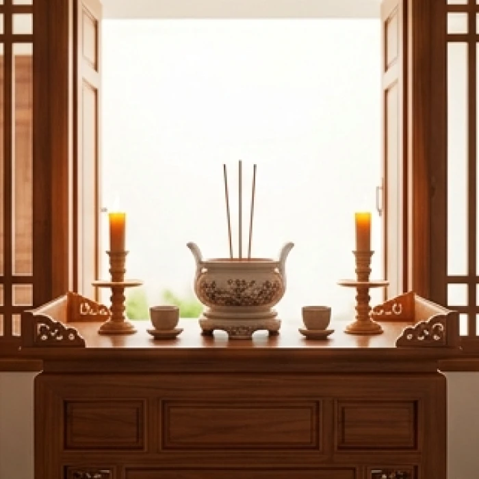 Bàn thờ gia tiên bằng gỗ trang nghiêm đặt tại vị trí tọa hung hướng cát với lư hương gốm sứ và hai nén đèn ấm áp