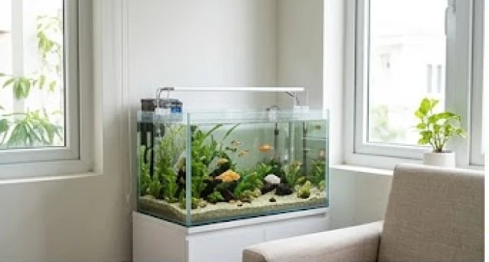 Bể cá phong thủy mini được đặt tại góc sáng sủa của phòng khách để tránh âm khí tích tụ.