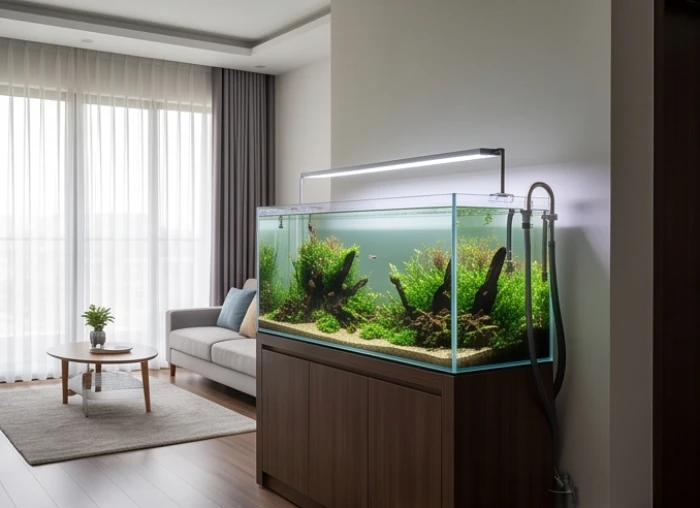 Bể cá phong thủy tựa lưng tường vững chãi cách đều 10cm hướng mặt kính ra phòng khách thoáng đãng