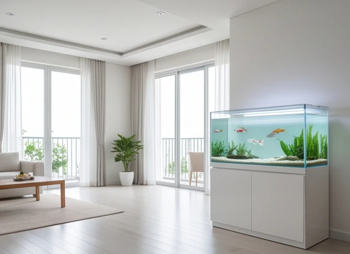 Không gian phòng khách thông thoáng ngập ánh sáng tự nhiên lý tưởng để đặt bể kính nuôi cá hợp phong thủy gia trạch