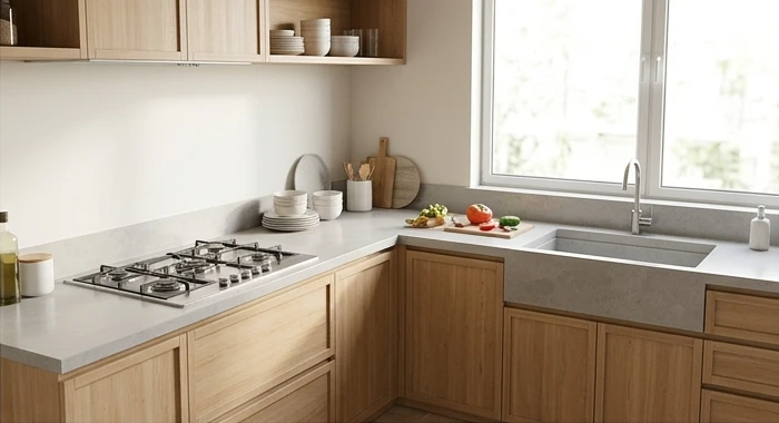 Không gian bếp nội thất gỗ hiện đại với bếp nấu được bố trí cách xa khu vực bồn rửa nước chuẩn phong thủy