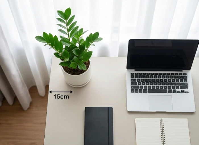 Chậu cây kim tiền nhỏ gọn đặt tại góc ngoài cùng bên trái của mặt bàn làm việc cách mép bàn khoảng an toàn